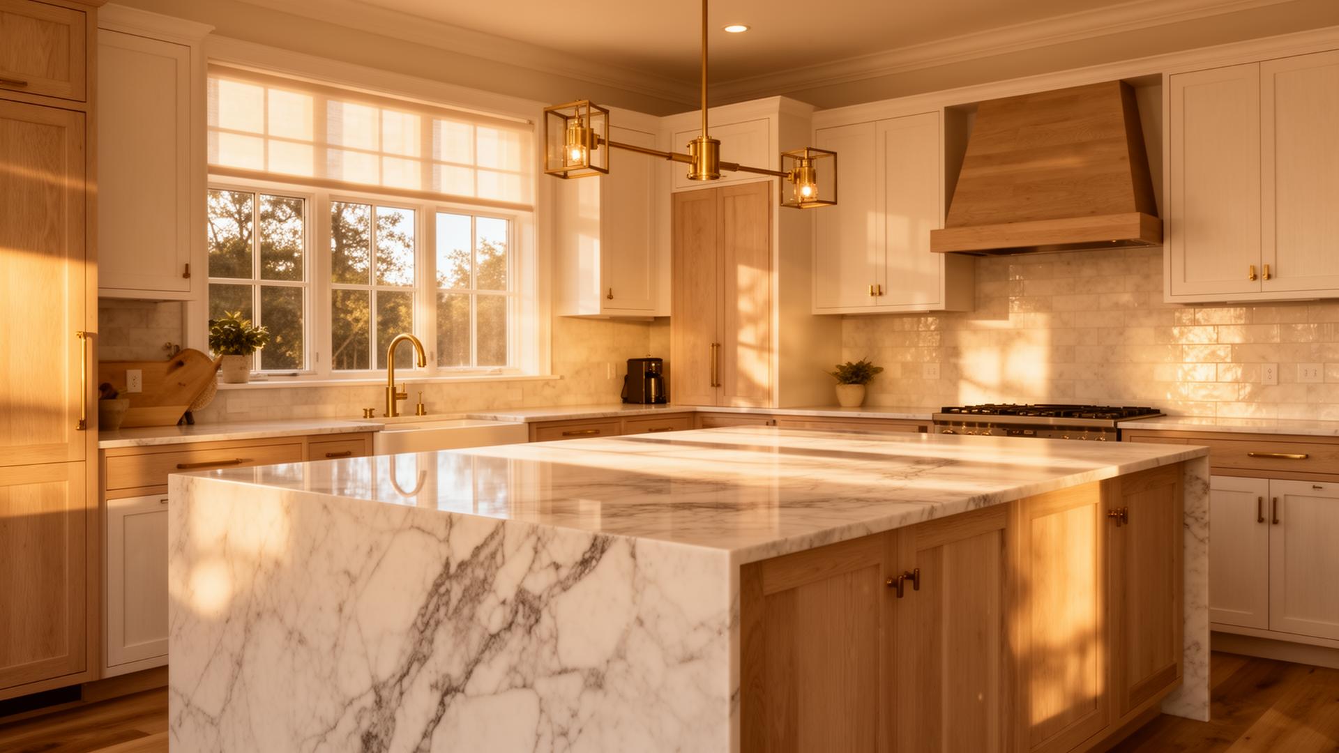 High-end Denver kitchen remodel by Bison Builds with white oak cabinetry and marble island